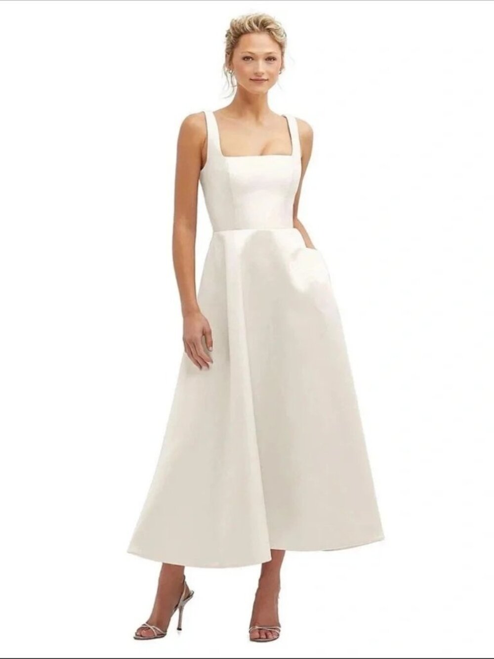 Dessy Collection Ivory Square Neck Satin Midi Dress - Size 6 - Picture 11 of 12
